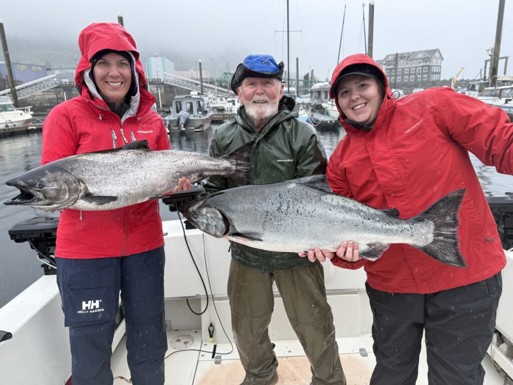 Ketchikan fishing report July photo showing peak King Salmon action on a 4 C's charter.