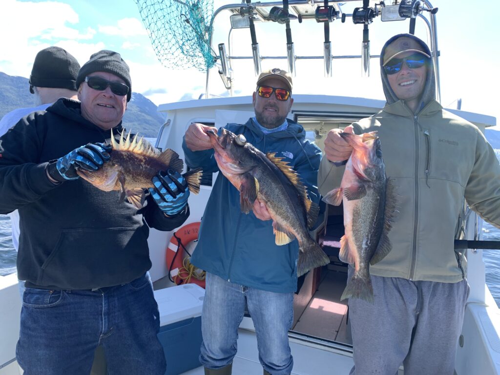 Guest with rockfish caught on a 4 hour cruise ship fishing charter in Ketchikan Alaska height=