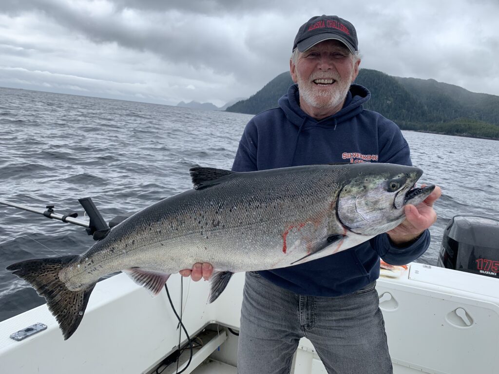Ketchikan fishing guide Sonny Campbell with a beautiful bright King Salmon caught near Cape Chacon