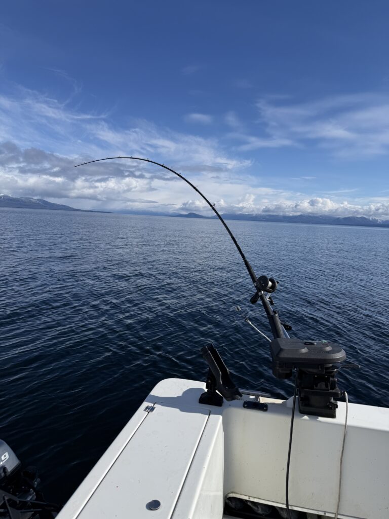 High-performance Scotty downriggers and Shimano salmon rods on the 4 C’s Fishing Charter in Ketchikan.