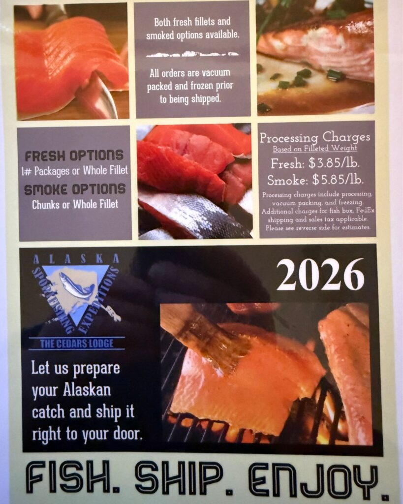 2026 fish processing price sheet for Campbell's Fishing Charters guests via The Cedars Lodge, showing vacuum sealing and freezing rates.